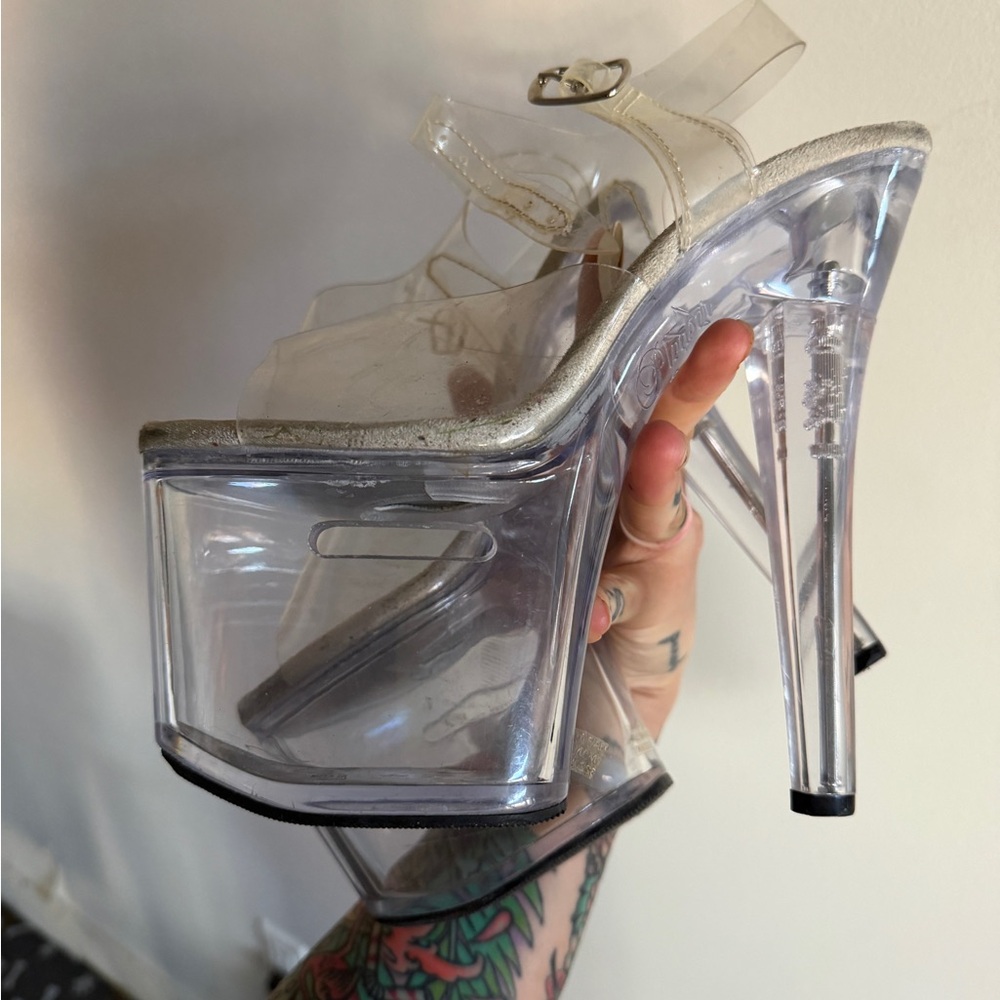 Pleaser Transparent Clear Platform High Heel Sandals Open Slot For Cash Tips
